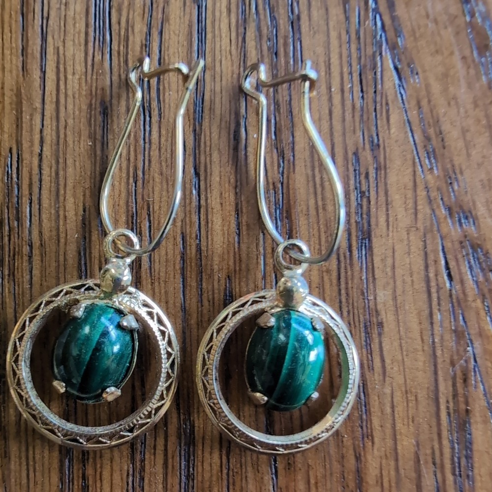 Vintage Gold Filled Malachite Filigree Dangle Earrings Green Round GF W 1/20